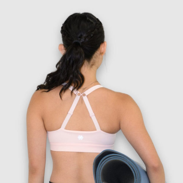 Ballet Pink#Girl Light Pink girls sport bra holdling yoga mat from back