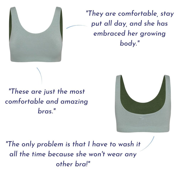 A green Aster Organic Tank Bra from Bleuet, front and back view