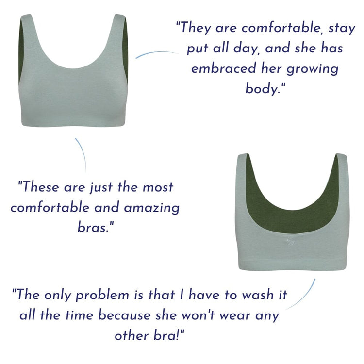 A green Aster Organic Tank Bra from Bleuet, front and back view