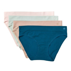 Blush#Girls Pima cotton briefs in a stack of teal, light green, beige and light pink.