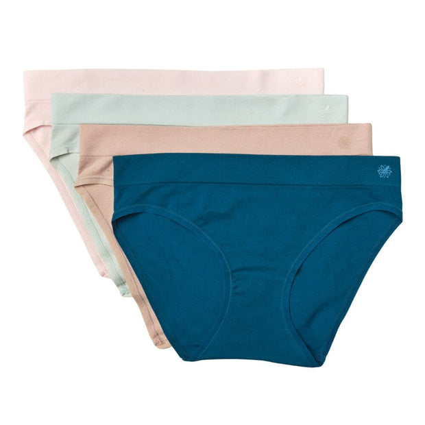 Blush#Girls Pima cotton briefs in a stack of teal, light green, beige and light pink.