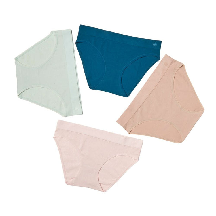Girls Pima cotton briefs in a stack of teal, light green, beige and light pink