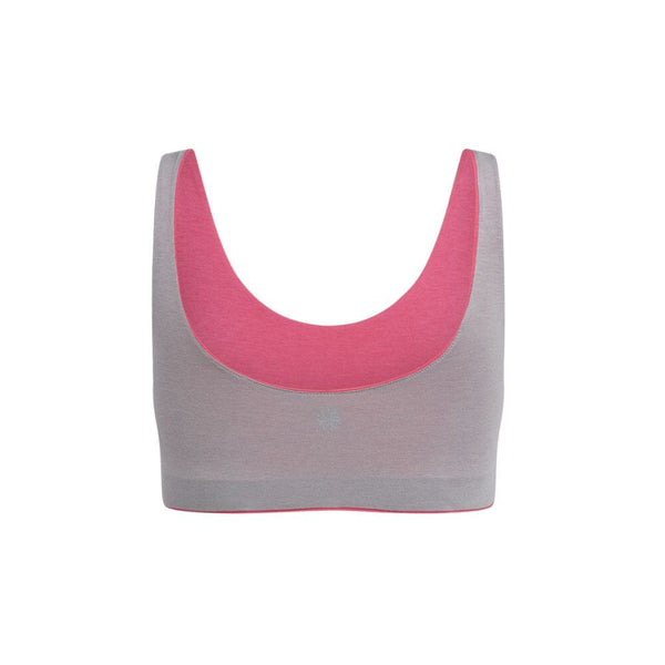 Back view of a gray aster organic tank bra with pink accents.