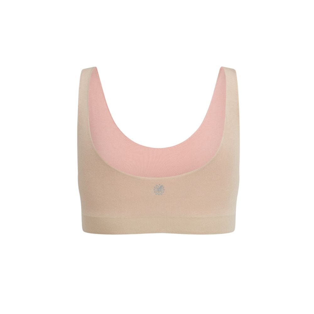 Sand-Rose#Back view of a beige aster organic tank bra with rose accents.