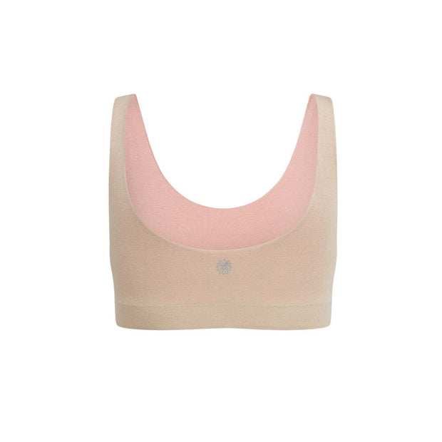 Sand-Rose#Back view of a beige aster organic tank bra with rose accents.
