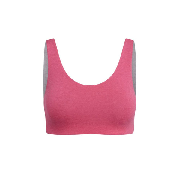 Front view of a pink aster organic bra with gray accents.