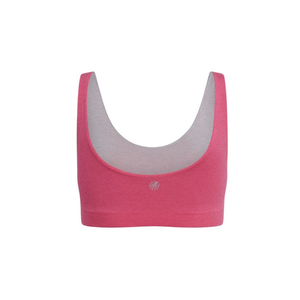 Back view of a pink aster organic tank bra with gray accents.