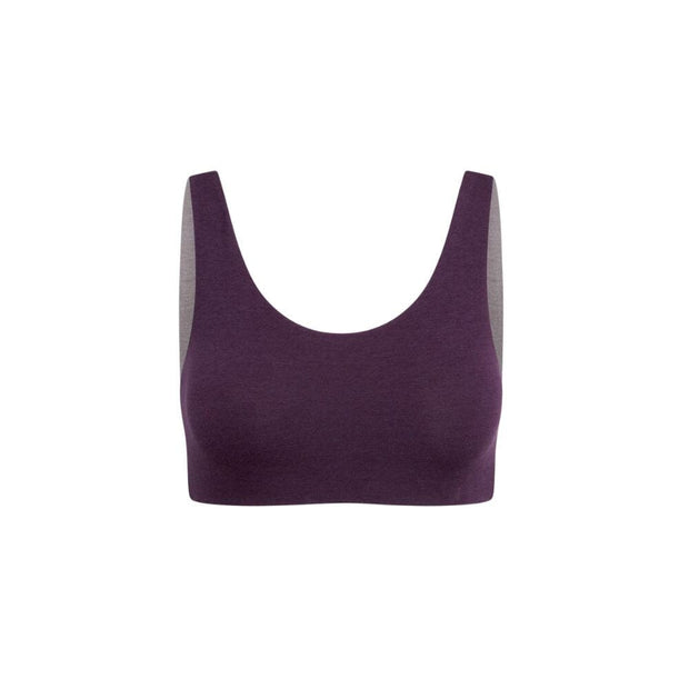 Plum-Mink#Front view of a dark-violet aster organic tank bra with dark-gray accents. Organic Bras & Bralettes for Girls, Tweens, and Teens.