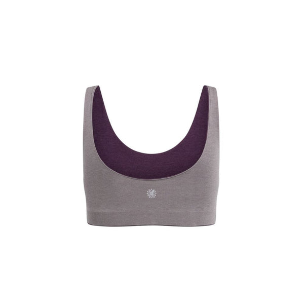 Back view of a gray aster organic tank bra with violet accents.
