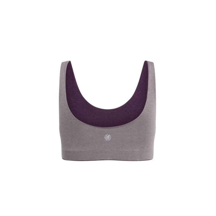 Plum-Mink#Back view of a gray aster organic tank bra with violet accents.