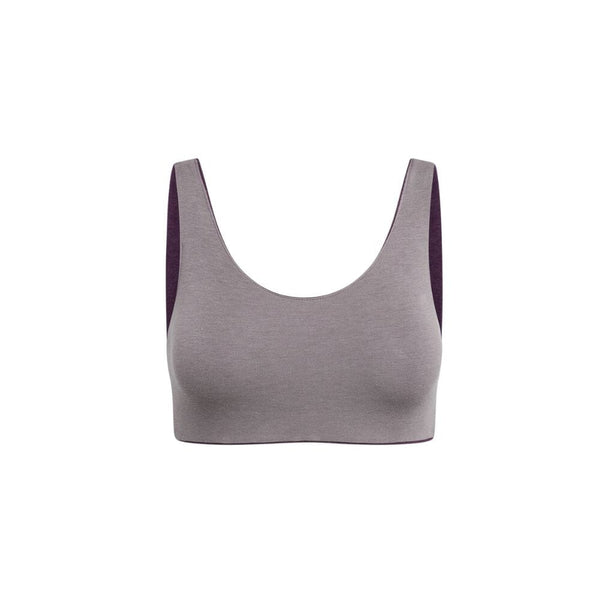 Front view of a mink aster organic tank bra with purple accents.