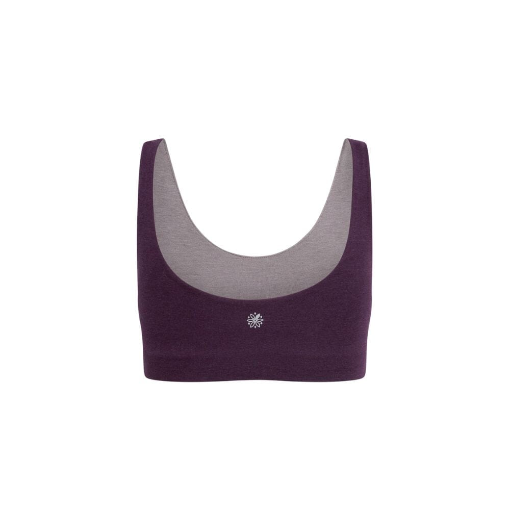 Plum-Mink#Back view of a purple aster organic tank bra with dark gray accents.