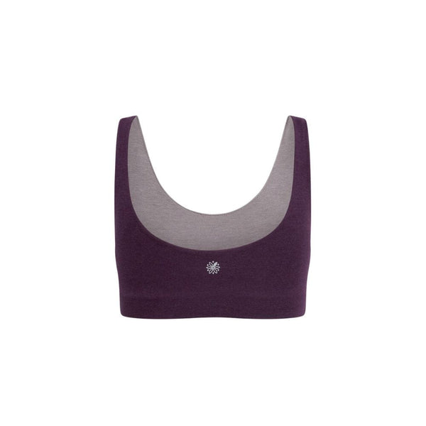 Back view of a purple aster organic tank bra with dark gray accents.