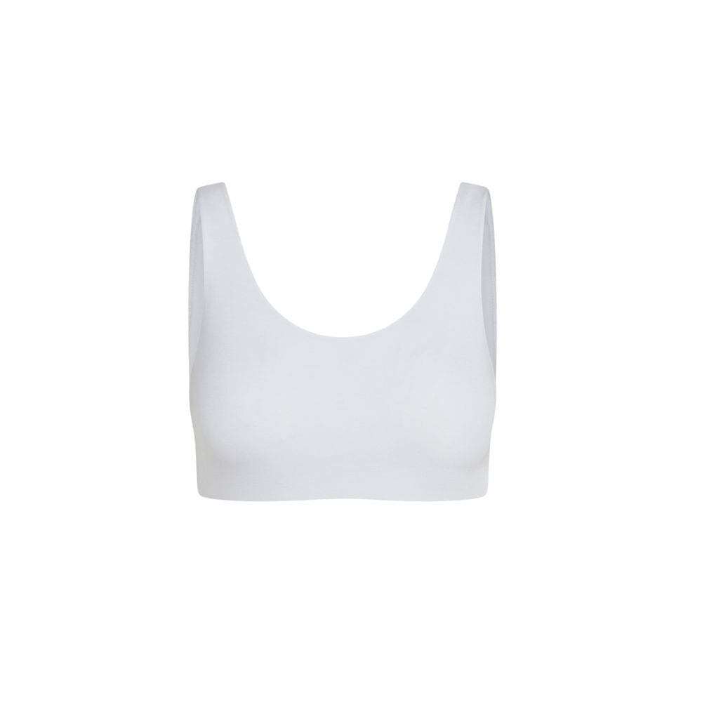  White-White#Front view of a white color aster organic tank bra.