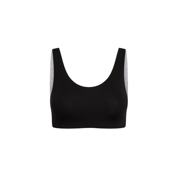 A black Aster Organic Tank Bra from Bleuet, front view, featuring a simple and comfortable design.