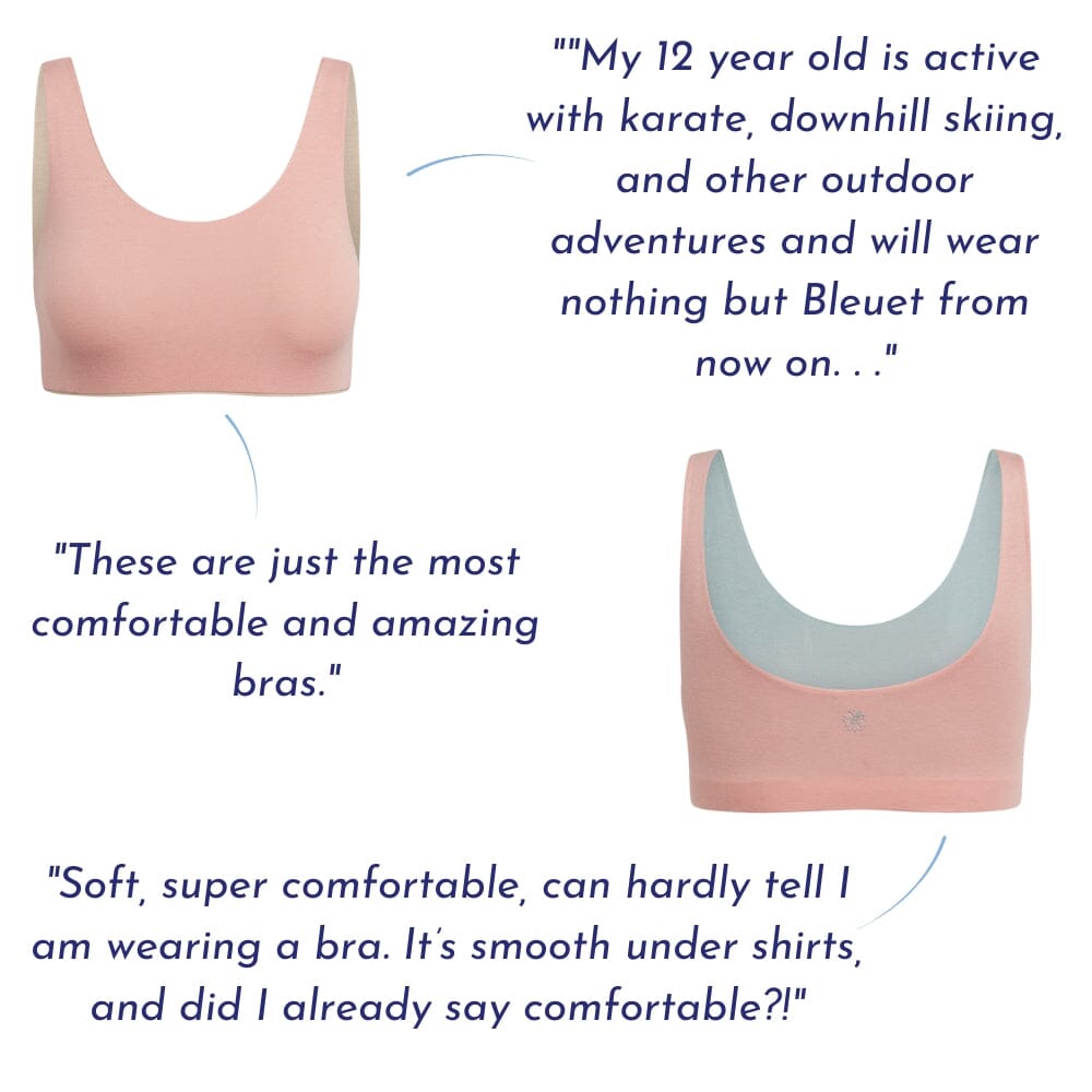 Rose-Mist#Two pink Aster Organic Tank Bras with testimonials around them. Testimonials mention a 12-year-old's active lifestyle and the bra's softness and comfort. Rose-Mist#Organic Bras & Bralettes For Girls, Tweens and Teens