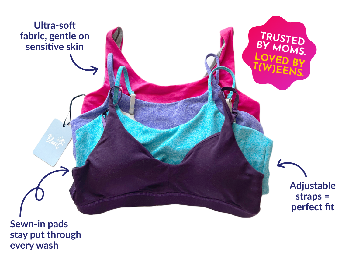 Ultra-soft fabric, gentle on sensitive skin. Trusted By Moms. Loved By T(w)eens. Sewn-in pads stay put through every wash.  Adjustable straps = perfect fit.