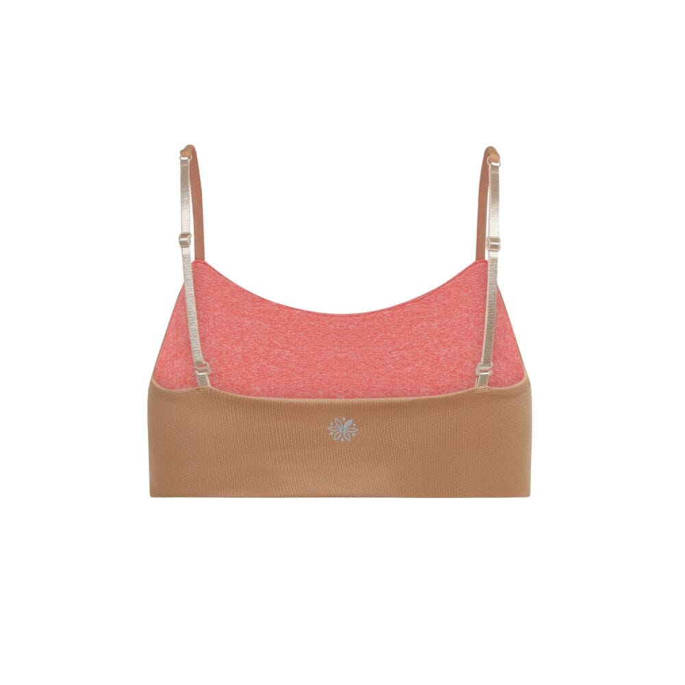 Caramel-Persimmon#The back view of a caramel-colored Bleum Active Bra by Bleuet-girl, featuring a pink inner lining and the brand logo. Caramel-Persimmon#Sports Bras & Bralettes For Girls, Tweens and Teens