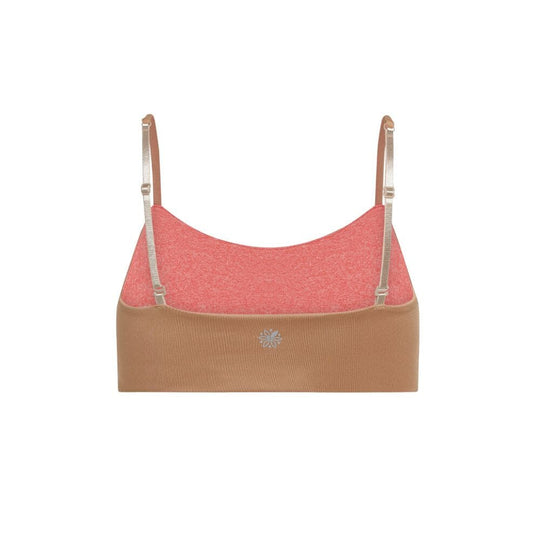 Caramel-Persimmon#The back view of a caramel-colored Bleum Active Bra by Bleuet-girl, featuring a pink inner lining and the brand logo. Caramel-Persimmon#Sports Bras & Bralettes For Girls, Tweens and Teens