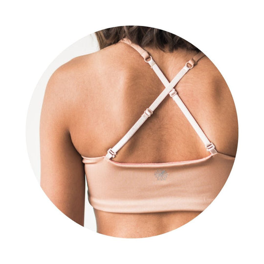 Caramel-Persimmon#Close-up rear view of a model wearing a caramel-colored Bleum Active Bra by Bleuet-girl, showcasing the brand logo and the crisscross back design.