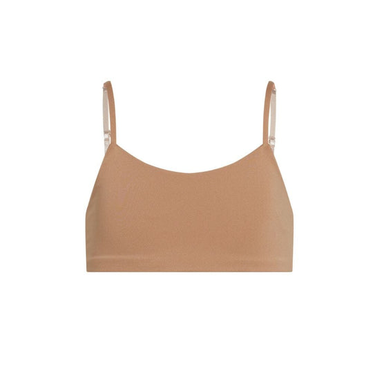 Caramel-Persimmon#A caramel-colored Bleum Active Bra by Bleuet-girl displayed from the front. Caramel-Persimmon#Sports Bras & Bralettes For Girls, Tweens and Teens