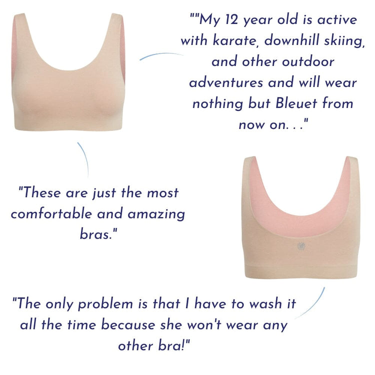 Sand-Rose#Side-by-side images of sand rose organic tank bra with customer reviews praising their comfort and fit.