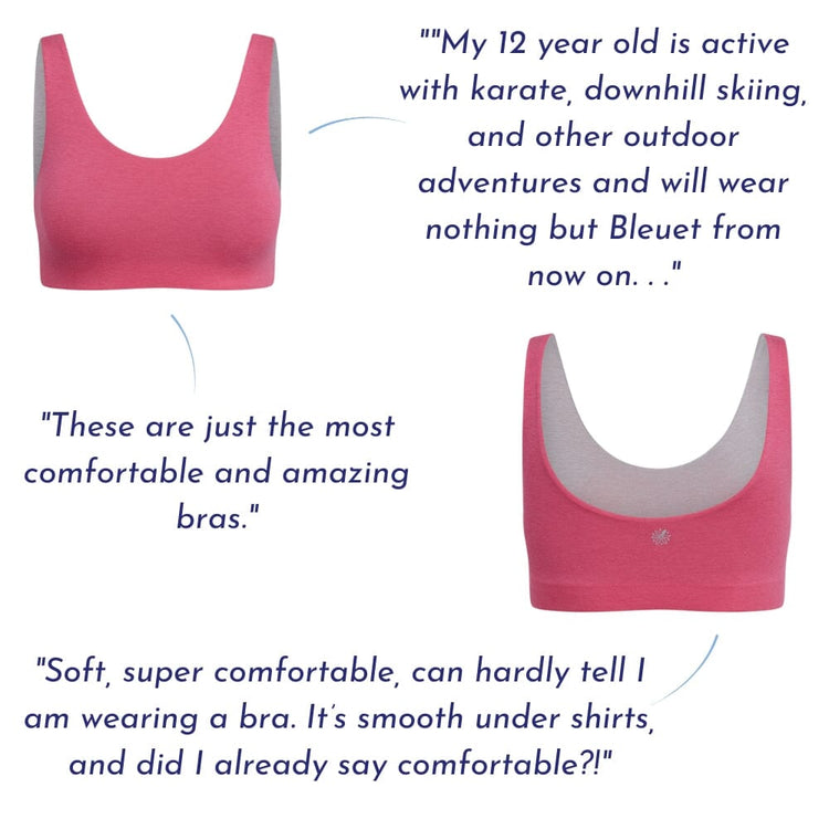 Flamingo-Slate#Text next to pink aster organic tank bra that says 'A 12-year-old finds the bra comfortable for karate, downhill skiing, and other outdoor activities.' Flamingo-Slate #Organic Bras & Bralettes for Girls, Tweens, and Teens.