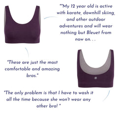 Plum-Mink#Text on a purple sports bra that says a 12-year-old finds the bra comfortable for karate, downhill skiing, and other outdoor activities.