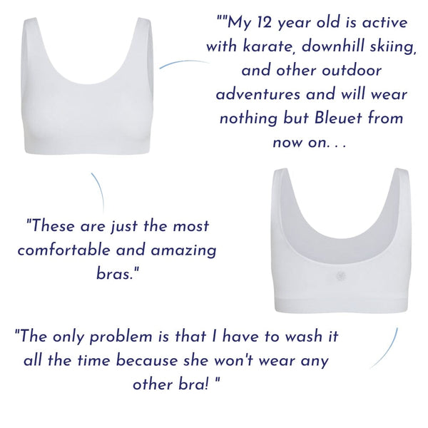 FSide-by-side images of white bras with a scoop neckline and seamless design. Surrounding the bras are customer reviews praising their comfort and fit, especially for active young girls. Testimonials highlight their suitability for activities like karate and skiing, noting they are the preferred choice and frequently worn.