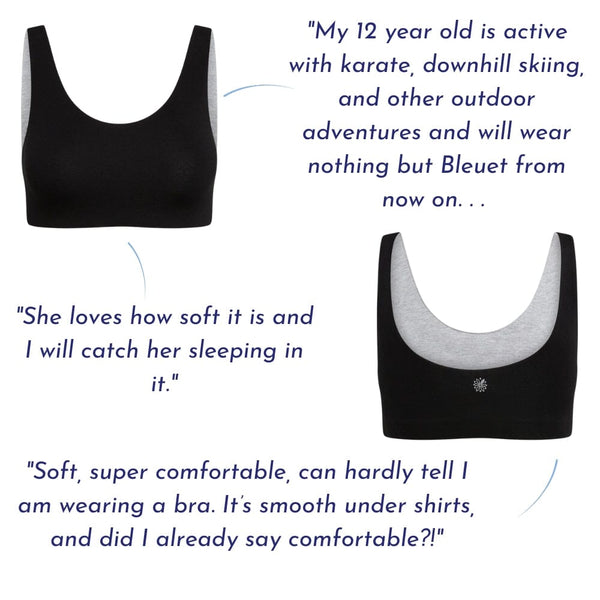 Front view of black Aster Organic Tank Bra by Bleuet Girl, featuring customer testimonials praising its softness, comfort, and versatility for active girls.