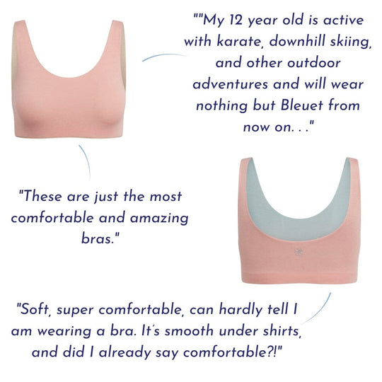 Rose-Mist#Two rose Aster Organic Tank Bras with testimonials around them. Testimonials highlight a 12-year-old's active lifestyle and the bra's softness and comfort. Rose-Mist#Organic Bras & Bralettes For Girls, Tweens and Teens
