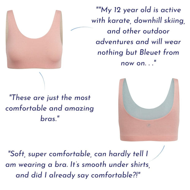 Rose-Mist#Two rose Aster Organic Tank Bras with testimonials around them. Testimonials highlight a 12-year-old's active lifestyle and the bra's softness and comfort. Rose-Mist#Organic Bras & Bralettes For Girls, Tweens and Teens
