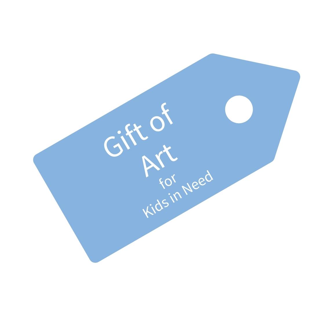 A blue gift tag with the text 'Gift of Art for Kids in Need' written on it.