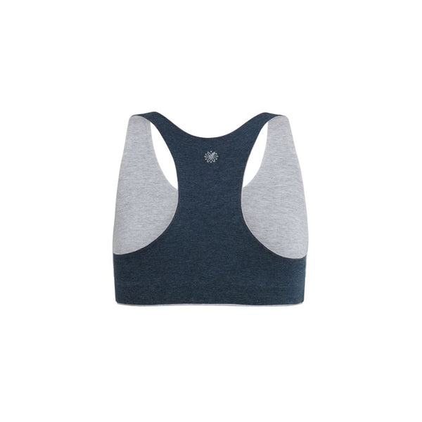 Organic Bras & Bralettes For Girls, Tweens and Teens - Back view of a dark blue racerback bra with gray accents.