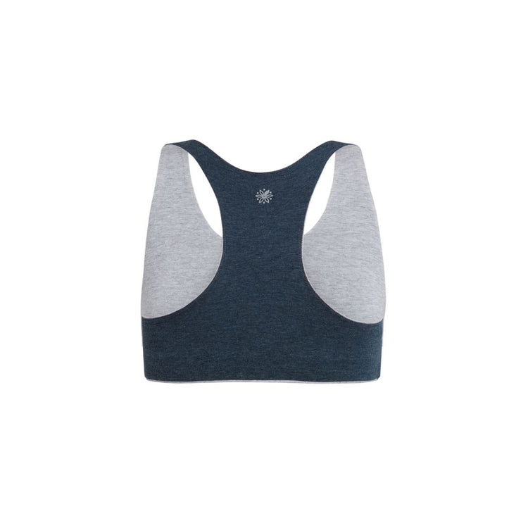 Grey-Lake#Organic Bras & Bralettes For Girls, Tweens and Teens - Back view of a dark blue racerback bra with gray accents.
