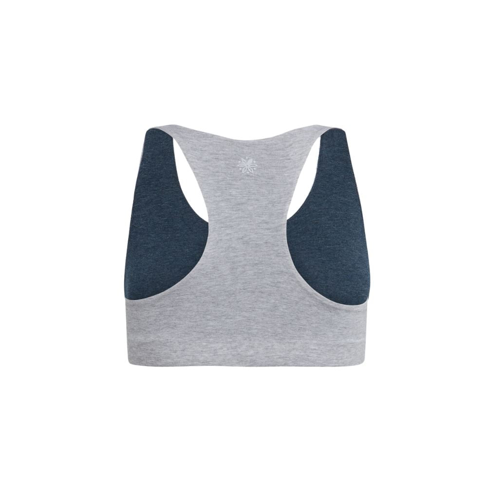 Grey-Lake#Back view of a gray racerback bra with dark blue accents.