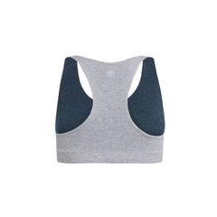 Grey-Lake#Back view of a gray racerback bra with dark blue accents.