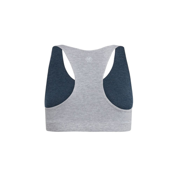 Back view of a gray racerback bra with dark blue accents.