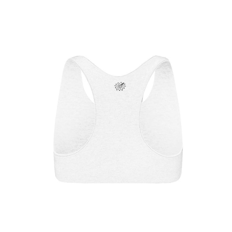White-White#White Organic Bras & Bralettes For Girls, Tweens and Teens - Back view of a white racerback bra with a small gray emblem in the center.