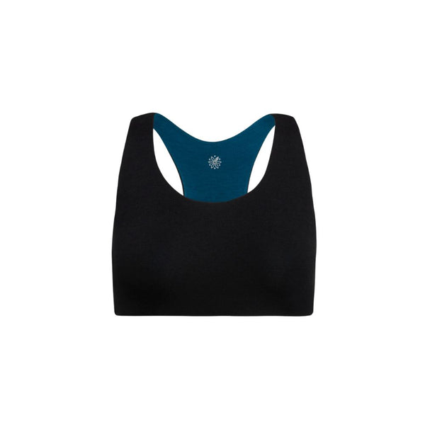 Front view of a black racerback bra with blue accents.
