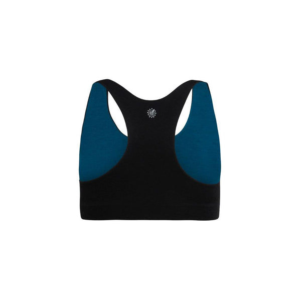 Back view of a black racerback bra with blue accents and a small white emblem in the center.