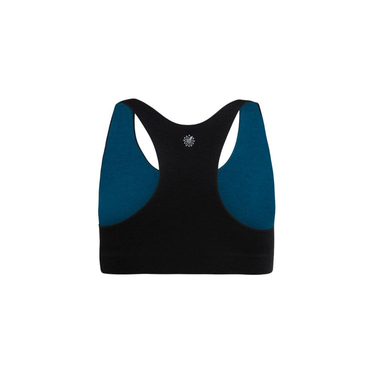 Black-Teal#Back view of a black racerback bra with blue accents and a small white emblem in the center.