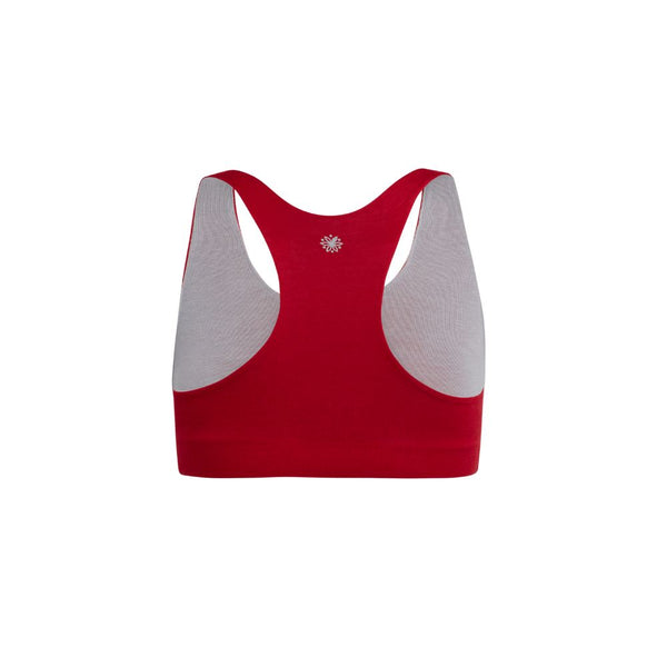Back view of a red racerback bra with gray accents. 