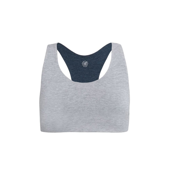 Organic Bras & Bralettes For Girls, Tweens and Teens - Front view of a gray racerback bra with dark blue accents.
