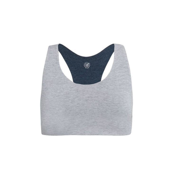 Grey-Lake#Organic Bras & Bralettes For Girls, Tweens and Teens - Front view of a gray racerback bra with dark blue accents.