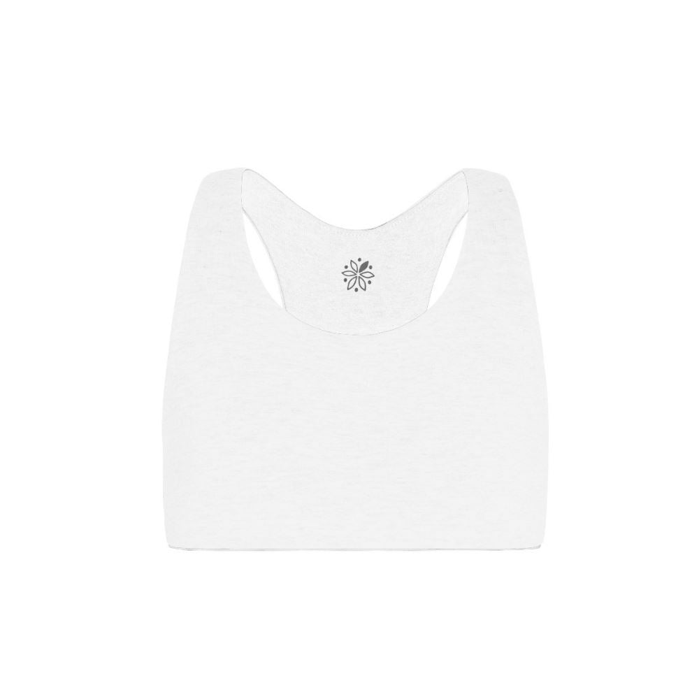 White-White#White Organic Bras & Bralettes For Girls, Tweens and Teens - Front view of a white racerback bra with a small gray emblem in the center.