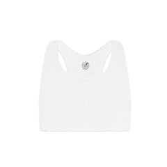 White-White#White Organic Bras & Bralettes For Girls, Tweens and Teens - Front view of a white racerback bra with a small gray emblem in the center.