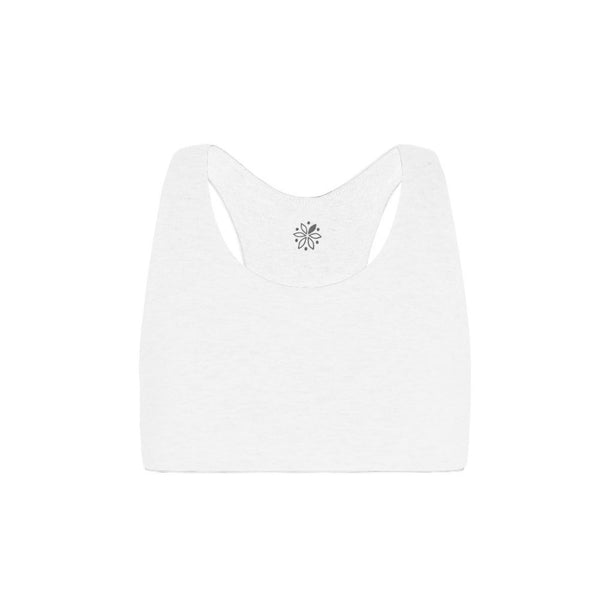 White Organic Bras & Bralettes For Girls, Tweens and Teens - Front view of a white racerback bra with a small gray emblem in the center.