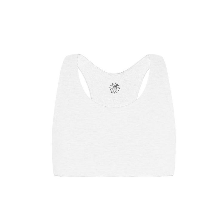 White-White#White Organic Bras & Bralettes For Girls, Tweens and Teens - Front view of a white racerback bra with a small gray emblem in the center.
