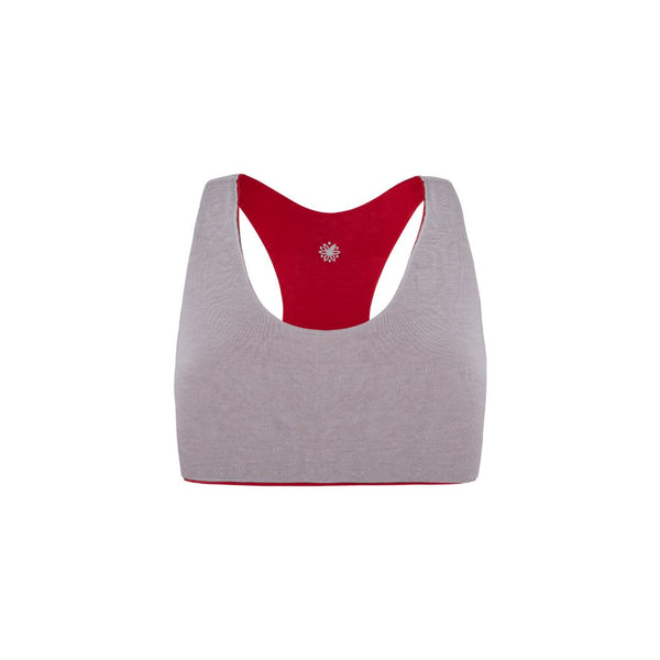 Front view of a gray side racerback bra with red accents.